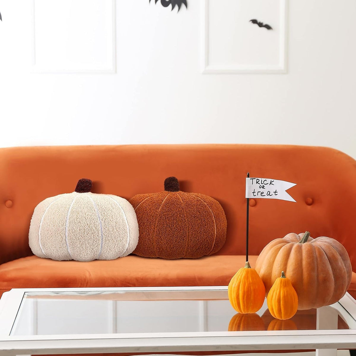 Wonderjune Fall Pumpkin Throw Pillow 14 x 9 Inch 3D Simulated Plush Pumpkin Shape Stuffed Throw Pillow for Sofa Cushion Couch Home Thanksgiving Decoration(Orange)