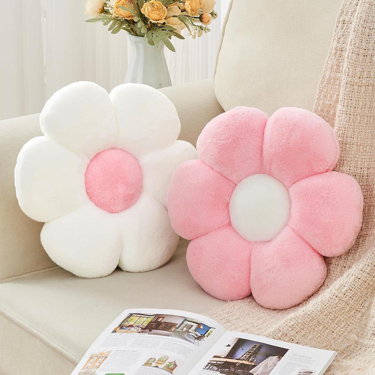 2 Pcs Flower Throw Pillow,15.7'' Daisy Shaped Pillows Set with Faux Rabbit Fur,Soft Flower Plush Throw Pillow Cushions for Bed Sofa Couch Home Decor (White+Pink)