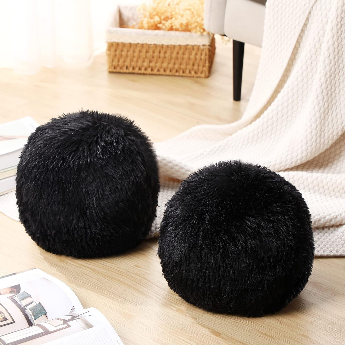 Black Round Ball Throw Pillow Plush Fluffy 10 Inch