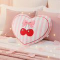 Threehoney Heart Pillow Cherry Bow Throw Pillow for Galentine's Day 15 x 12 Inches Aesthetic Cute Coquette Room Decor Soft Bowknot Cherry Cushions for Bedroom Living Room Sofa Bed Chair Decoration