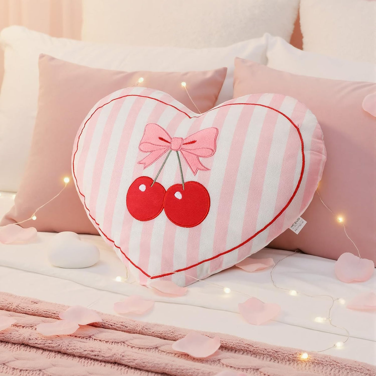 Threehoney Heart Pillow Cherry Bow Throw Pillow for Galentine's Day 15 x 12 Inches Aesthetic Cute Coquette Room Decor Soft Bowknot Cherry Cushions for Bedroom Living Room Sofa Bed Chair Decoration