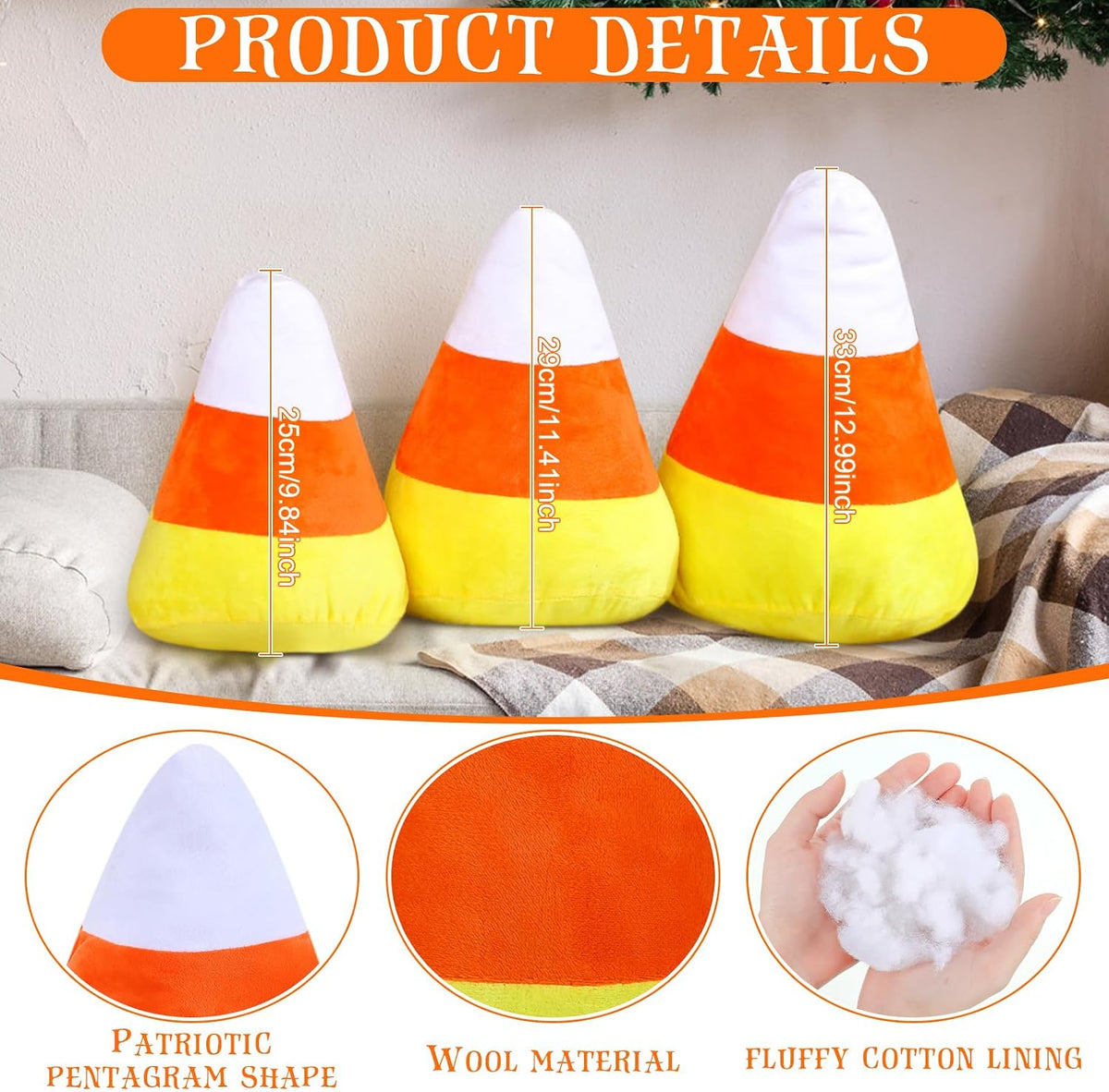 Huwena 3 Pcs Halloween Candy Corn Plush Pillows Shaped Throw,Candy Corn