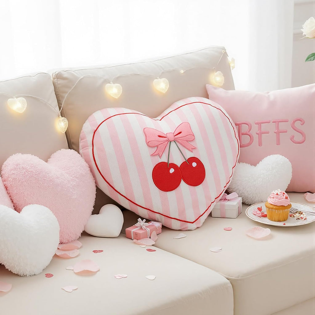 Threehoney Heart Pillow Cherry Bow Throw Pillow for Galentine's Day 15 x 12 Inches Aesthetic Cute Coquette Room Decor Soft Bowknot Cherry Cushions for Bedroom Living Room Sofa Bed Chair Decoration