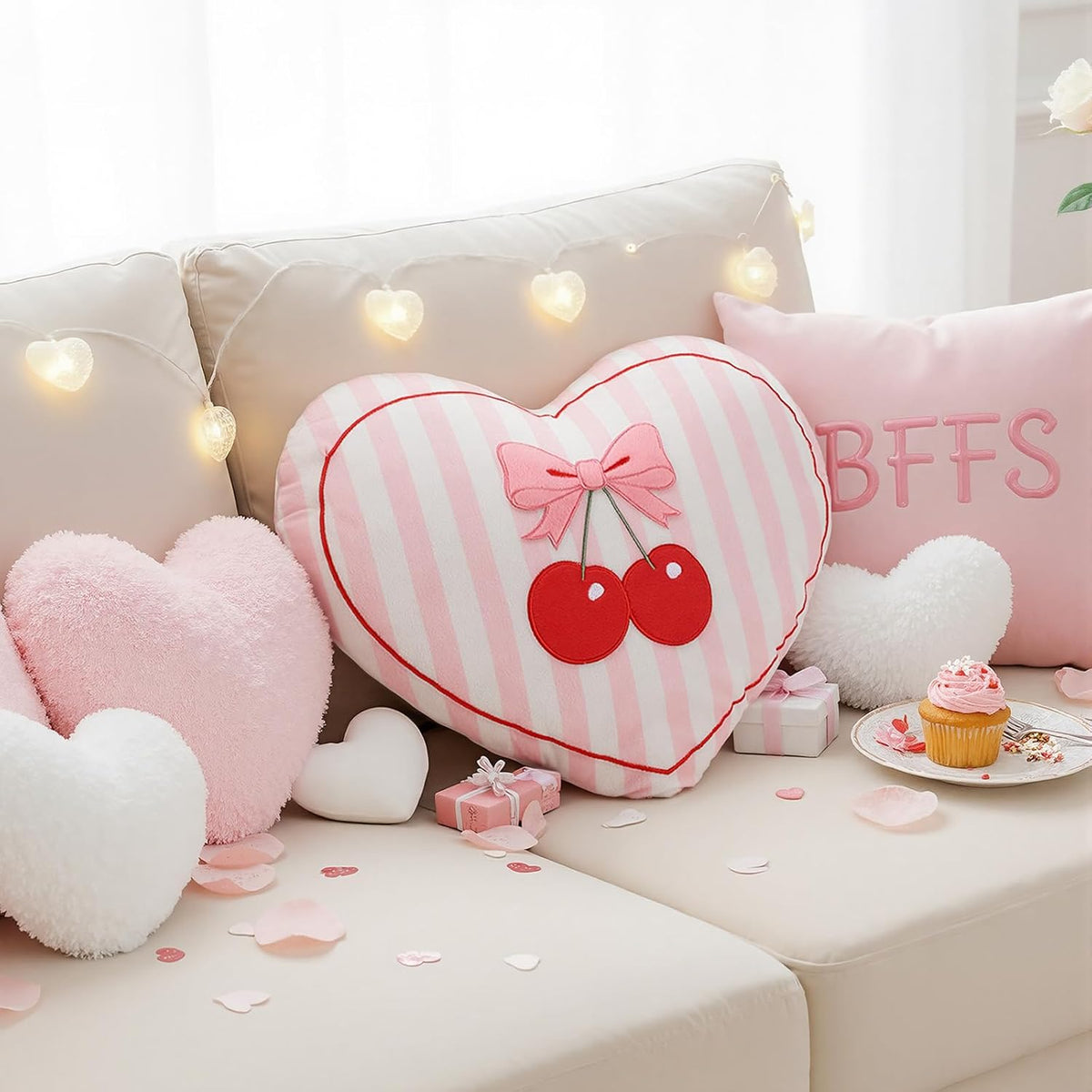 Threehoney Heart Pillow Cherry Bow Throw Pillow for Galentine's Day 15 x 12 Inches Aesthetic Cute Coquette Room Decor Soft Bowknot Cherry Cushions for Bedroom Living Room Sofa Bed Chair Decoration