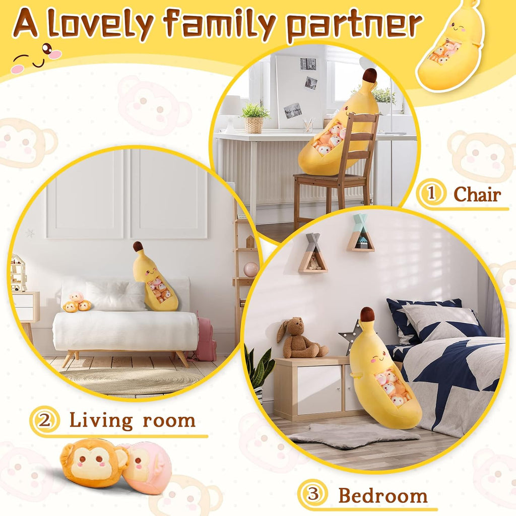 Lewtemi Banana Pillow Cute Kawaii Plush Toy with Monkeys, Banana