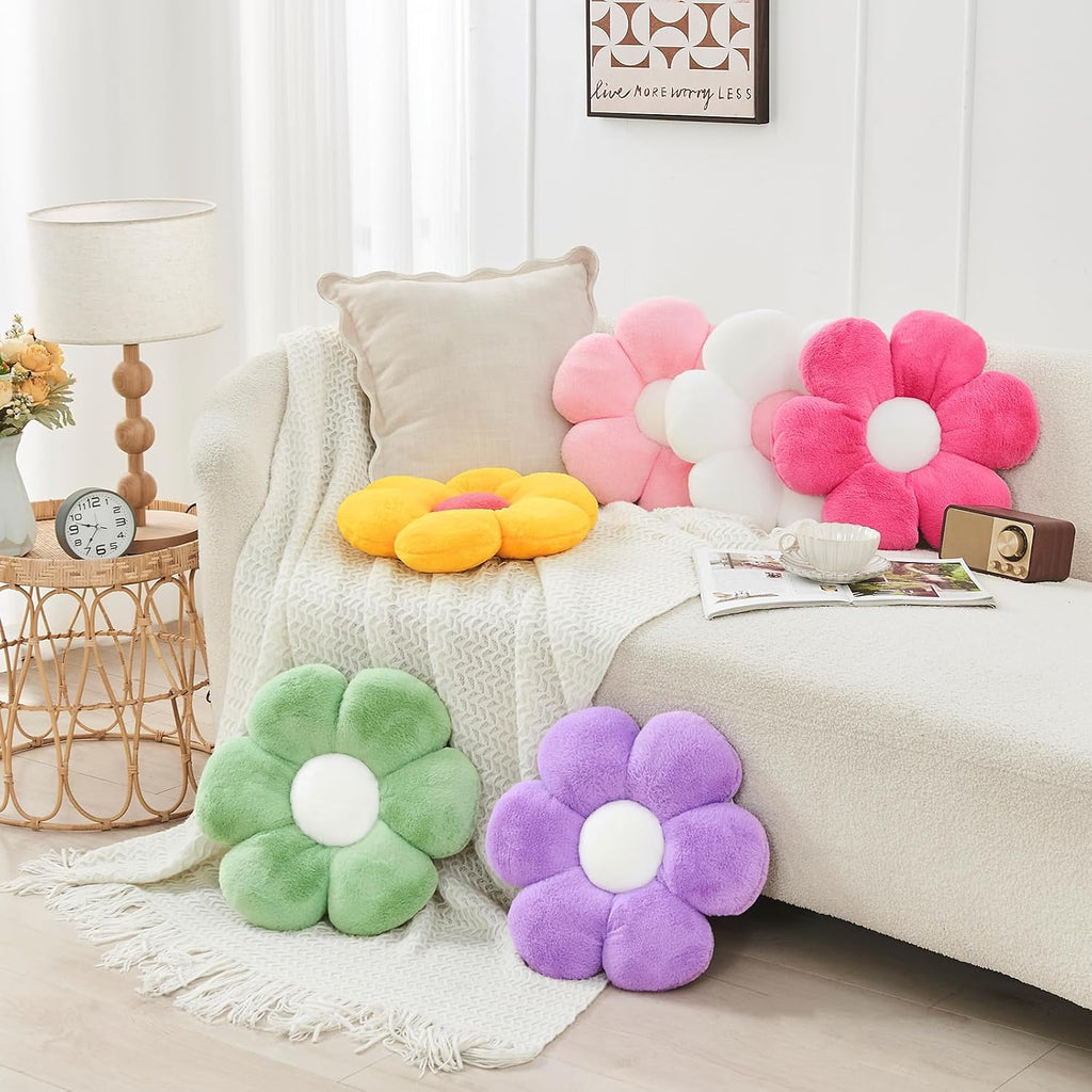 2 Pcs Flower Throw Pillow,15.7'' Daisy Shaped Pillows Set with Faux Rabbit Fur,Soft Flower Plush Throw Pillow Cushions for Bed Sofa Couch Home Decor (White+Pink)