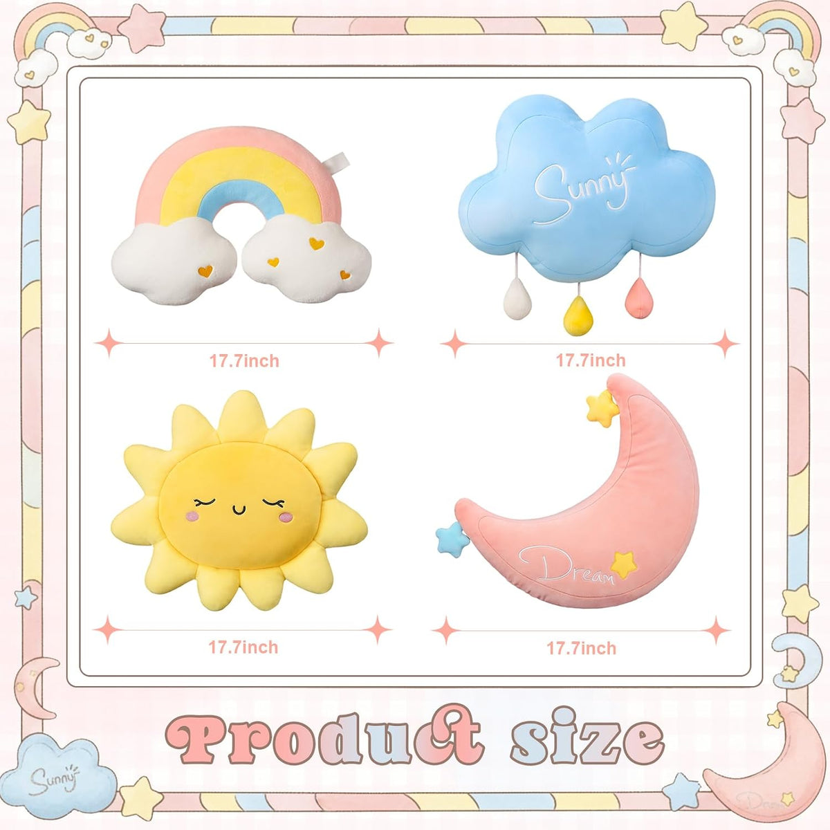 AceOrbit 4 Pcs Cloud Rainbow Moon Sun Pillow 17" Soft Plush Pillow Cute Stuffed Throw Cushion Decorative Creative Cushion for Home Decor Gift Room Reading Nook Decorations