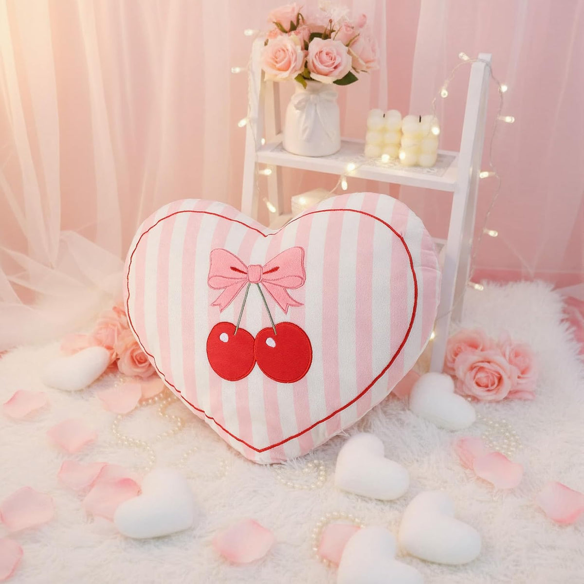 Threehoney Heart Pillow Cherry Bow Throw Pillow for Galentine's Day 15 x 12 Inches Aesthetic Cute Coquette Room Decor Soft Bowknot Cherry Cushions for Bedroom Living Room Sofa Bed Chair Decoration