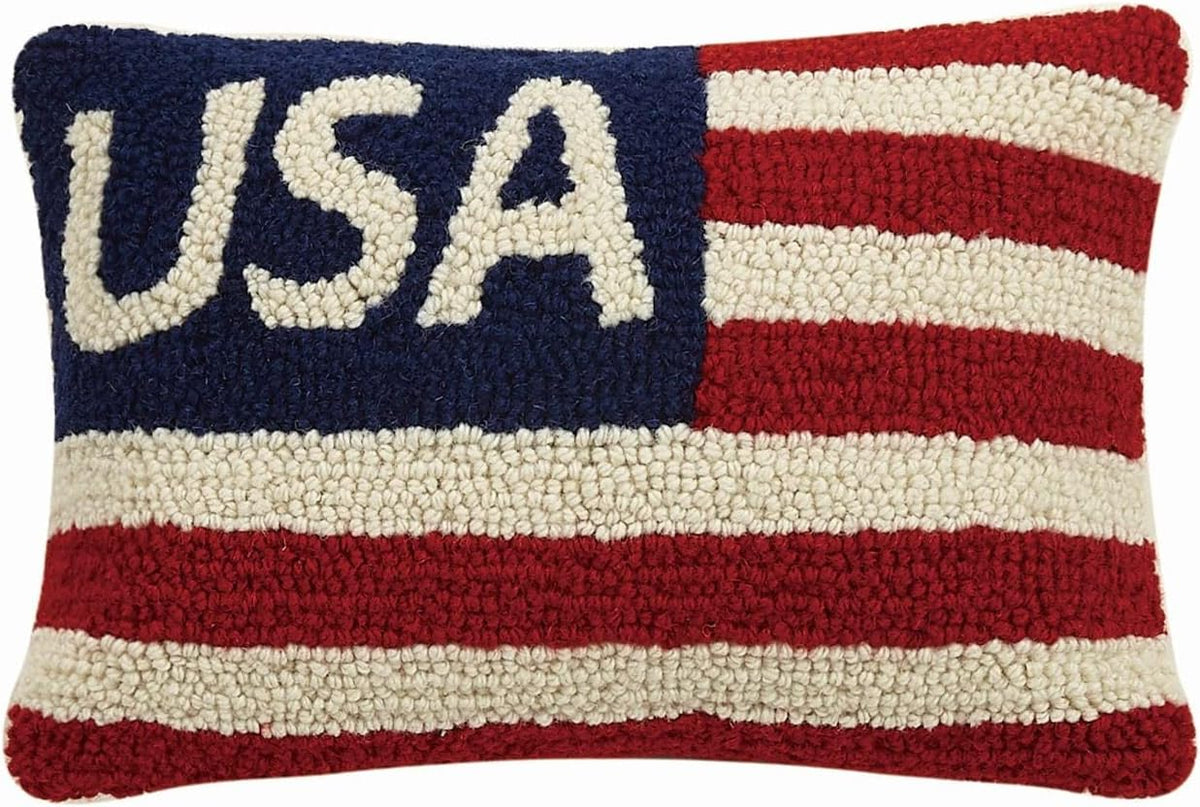 Peking Handicraft USA Flag Red White Blue Patriotic Mini Hooked Wool Pillow - 8" x 12"