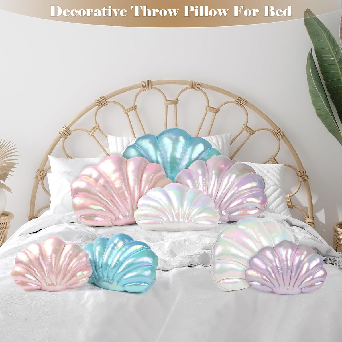 Marble Empire Seashell Pillow - Holographic Iridescent Foil Fabric Throw Pillow for Couch, Coastal Beach Theme Decor, Ocean Themed Bedroom Living Room Accent Pillow（Pearl White,14×11''）