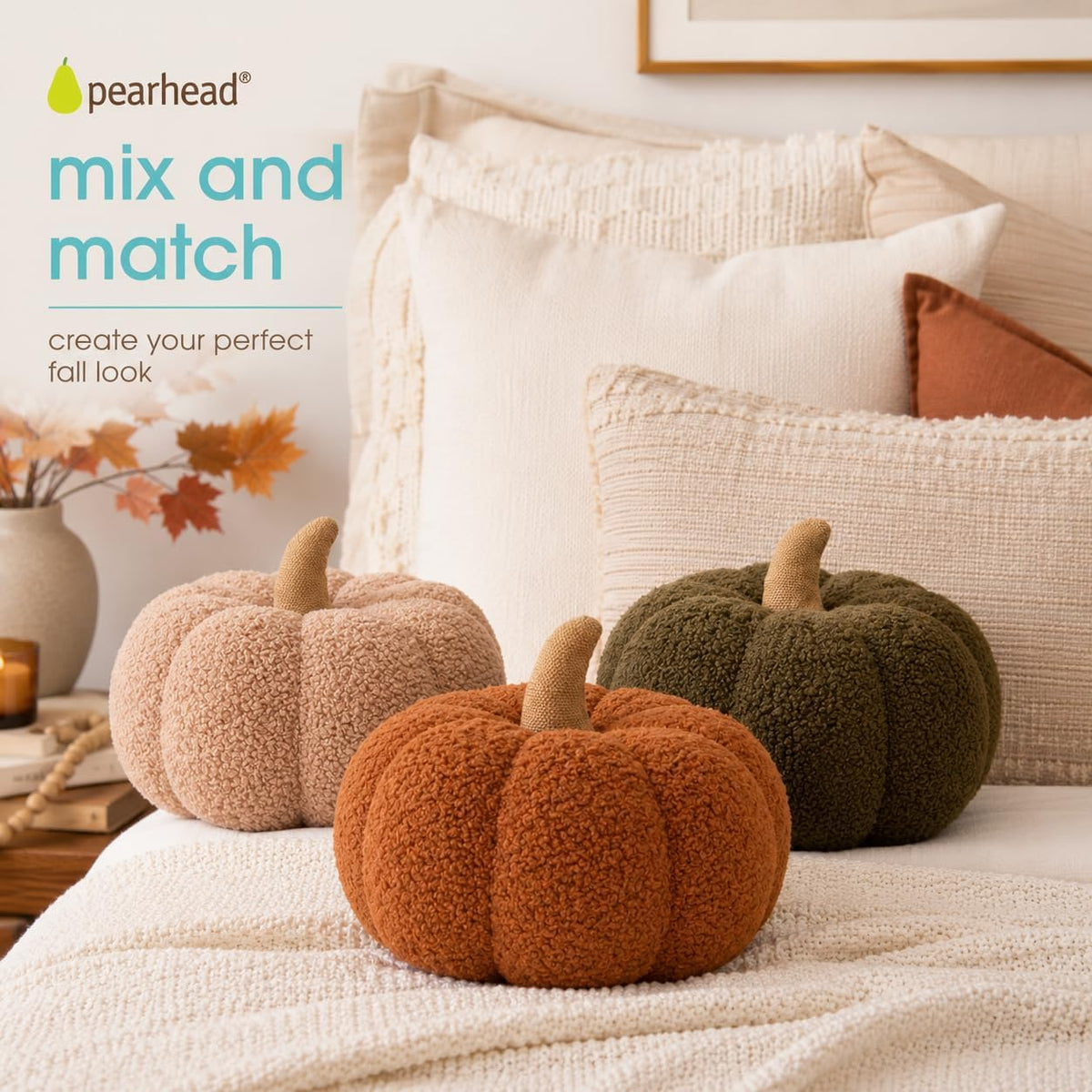 Pearhead Sherpa Pumpkin Pillow Decor, Modern Fall Home, 9", Olive Green