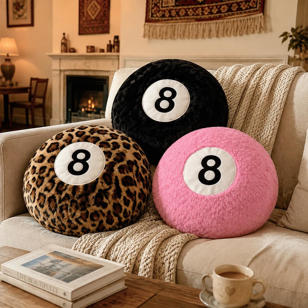 Cheetah 8 Ball Pillow - 14 Inch Leopard Print Throw Pillow, Soft Faux Fur Round Decorative Cushion for Home Bed, Sofa, Couch, Bedroom & Living Room (Cheetah)
