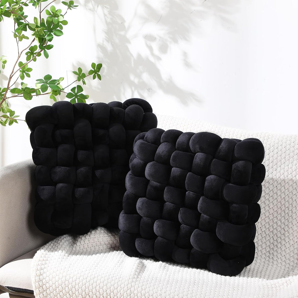 Wenqik 2 Pcs Knot Pillows Square Throw Pillow, Black, Crystal Velvet