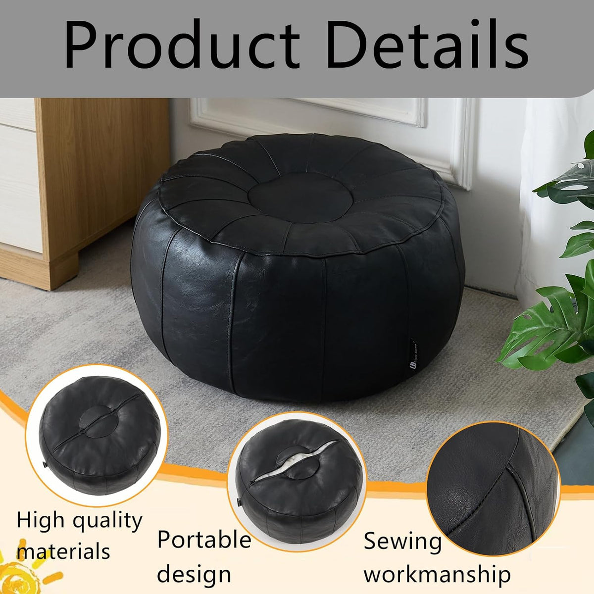 Louis Donné Unstuffed Pouf Ottoman Cover, Handmade Faux Leather Moroccan Pouf Ottoman Footstool, Floor Footrest Cushion, 21x12inch Black Storage Solution Poufs for Lving Room Gifts, ONLY Cover