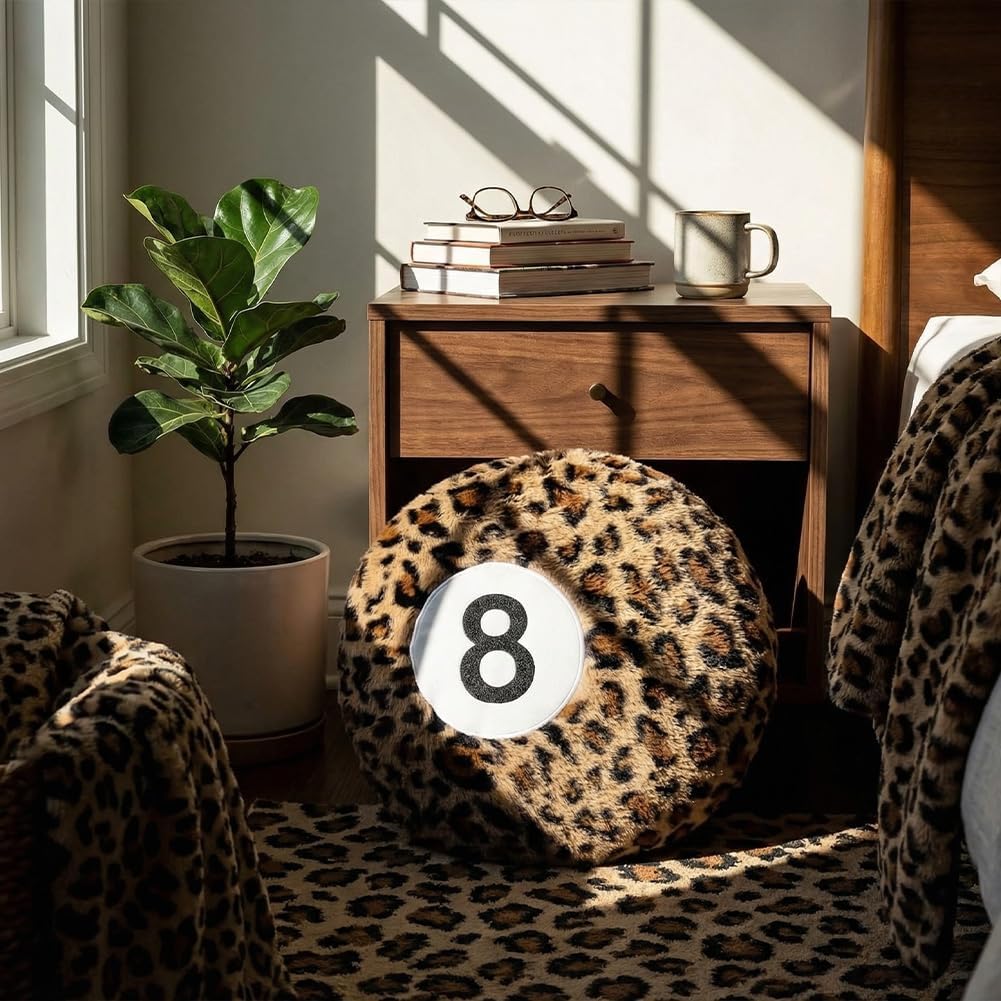 Cheetah 8 Ball Pillow - 14 Inch Leopard Print Throw Pillow, Soft Faux Fur Round Decorative Cushion for Home Bed, Sofa, Couch, Bedroom & Living Room (Cheetah)