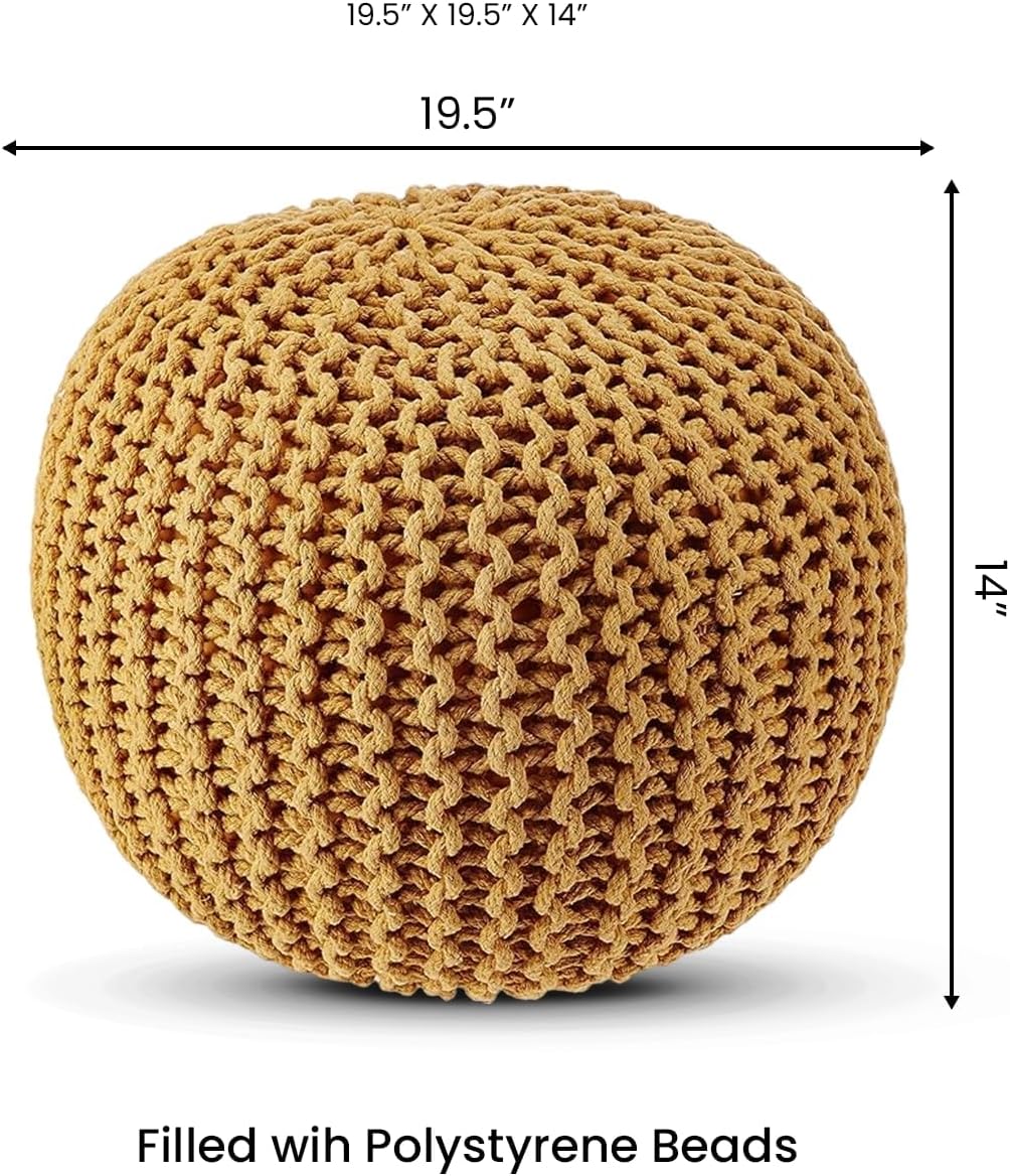· REDEARTH · Round Pouf Ottoman - Hand Knitted Boho Poof - Mustard, Set of 2