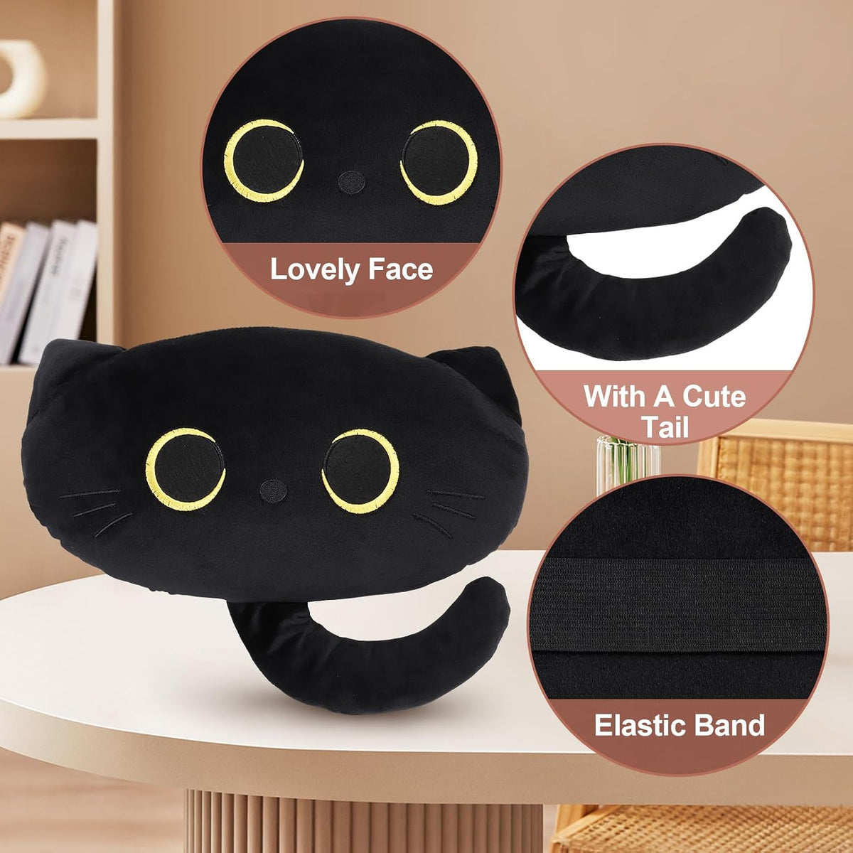 Black Cat Car Headrest Pillow Neck Support Plush Cushion for Driving Seat (2 pcs)