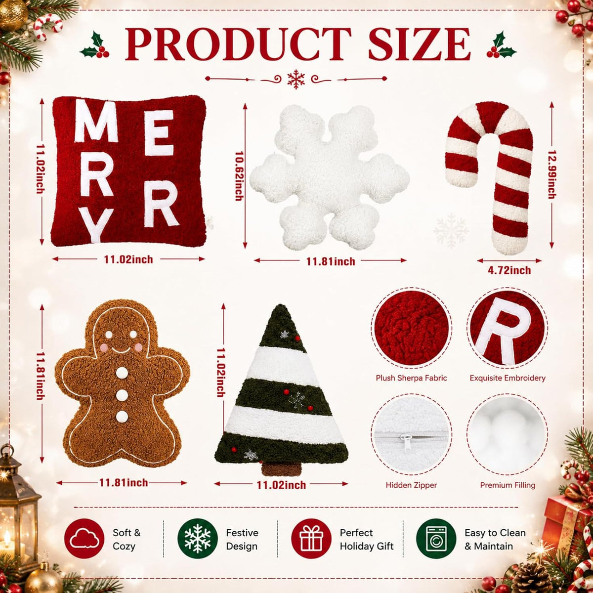 Geelin 5 Pcs Christmas Throw Pillows Gingerbread Xmas Tree Snowflake Candy