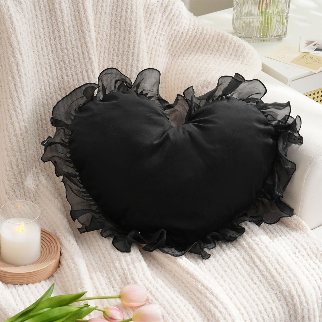 MOJUN Black Heart Pillow, Soft Heart Shaped Pillow with Bow Ruffle Design Love Room Decor Pillows for Sofa Bed Chair Cute Heart Shaped Throw Pillow Cushion for Bedroom Living Room