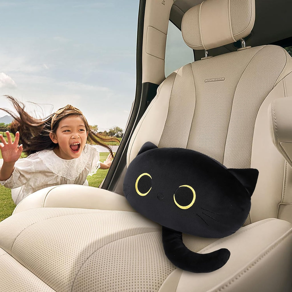 Black Cat Car Headrest Pillow Neck Support Plush Cushion for Driving Seat (2 pcs)
