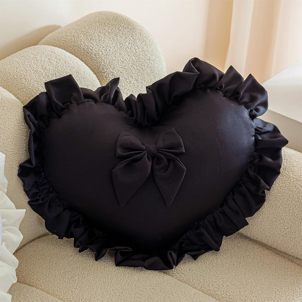 MOJUN Black Heart Pillow, Soft Heart Shaped Pillow with Bow Ruffle Design Love Room Decor Pillows for Sofa Bed Chair Cute Heart Shaped Throw Pillow Cushion for Bedroom Living Room