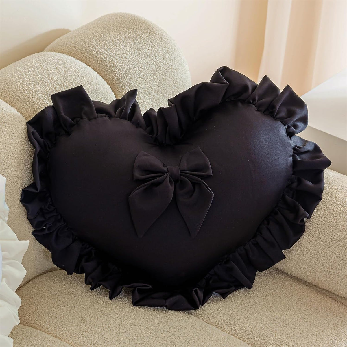 MOJUN Black Heart Pillow, Soft Heart Shaped Pillow with Bow Ruffle Design Love Room Decor Pillows for Sofa Bed Chair Cute Heart Shaped Throw Pillow Cushion for Bedroom Living Room