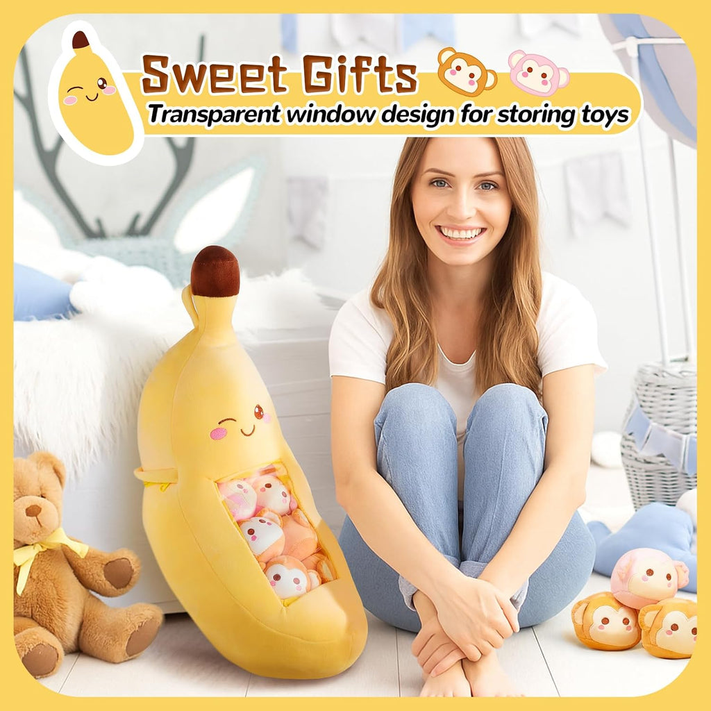 Lewtemi Banana Pillow Cute Kawaii Plush Toy with Monkeys, Banana
