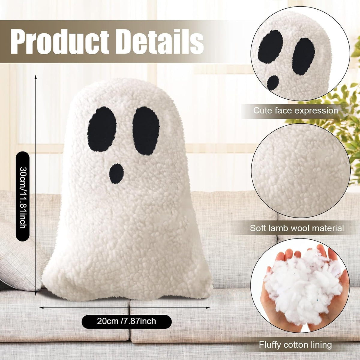 Kigley 2 Pcs 2 Pcs Halloween Ghost Throw Pillows, 11.81 x 7.87 Inch