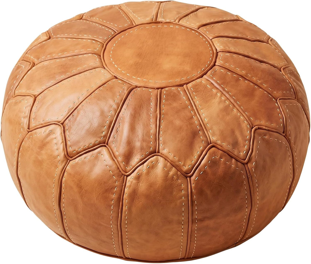 Moroccan Handmade Leather Pouf Ottoman — Round Genuine Leather Footstool, Hand-Stitched Unstuffed Pouf Cover for Living Room, Bedroom & Nursery (Cognac Brown)
