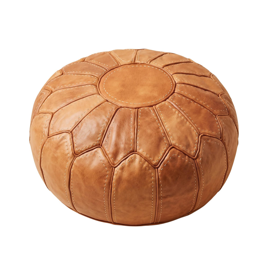 Moroccan Handmade Leather Pouf Ottoman — Round Genuine Leather Footstool, Hand-Stitched Unstuffed Pouf Cover for Living Room, Bedroom & Nursery (Cognac Brown)