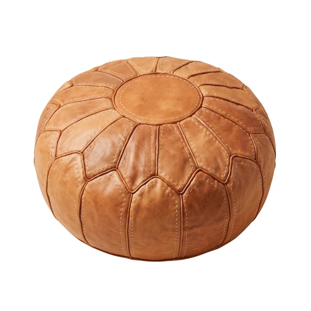 Moroccan Handmade Leather Pouf Ottoman — Round Genuine Leather Footstool, Hand-Stitched Unstuffed Pouf Cover for Living Room, Bedroom & Nursery (Cognac Brown)