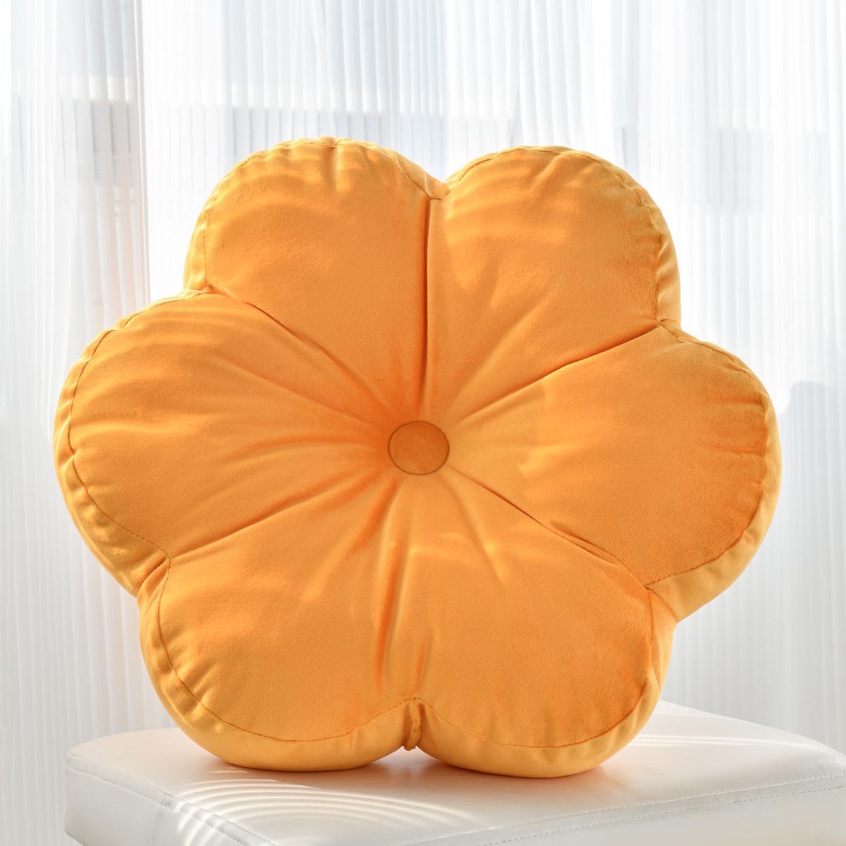 Flower Shaped Round Throw Pillow, Decorative Seat Cushion, 15", Ivory White