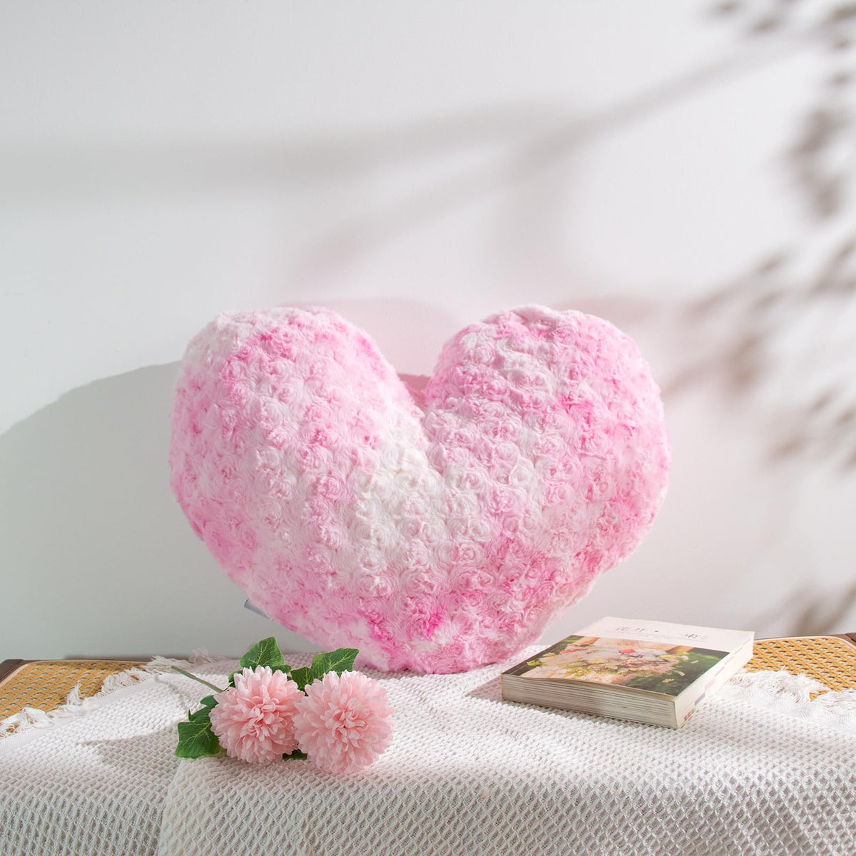 16" Creamy Pearl White Heart Pillow, Luxury 600GSM Rose Textured Faux Rabbit Fur, Super Matte Soft Aesthetic Decorative Throw Pillow for Couch Bed Sofa, Neutral Home Decor Heart Cushion