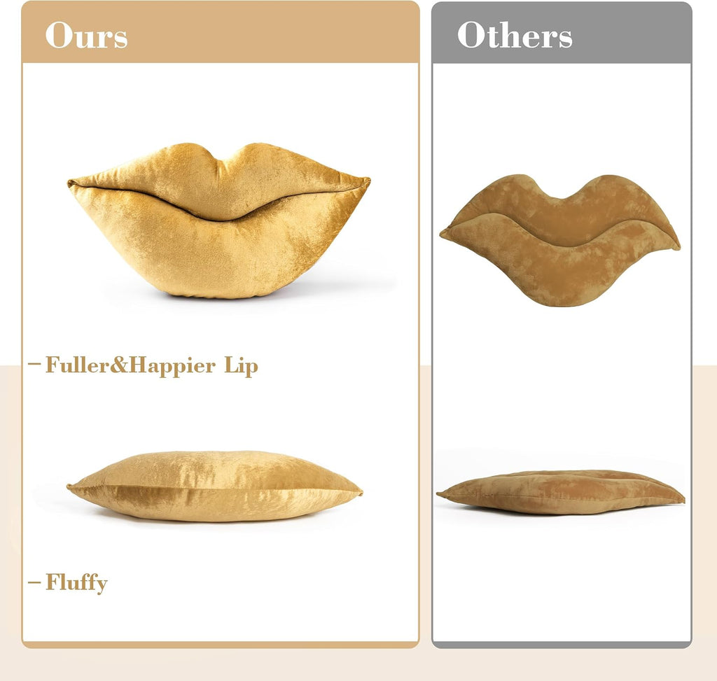 AELS 3D Large Lips Throw Pillows Smooth Soft Velvet Decorative Throw Pillows Love Pillows Cute Pillow 24 X 12 inches for Couch Sofa Bed Living Room Bedroom, Gold