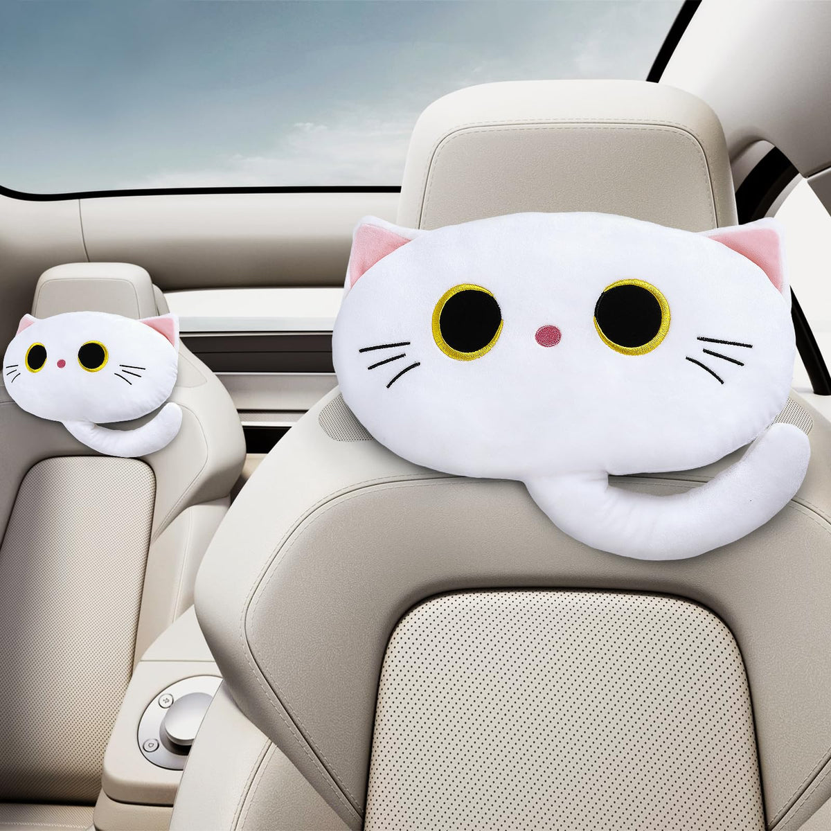 Black Cat Car Headrest Pillow Neck Support Plush Cushion for Driving Seat (2 pcs)