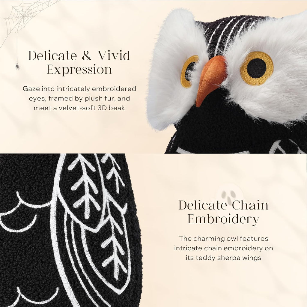 Phantoscope Happy Halloween Shaped Throw Pillow, Plush Teddy Sherpa Owl Shaped Pillow with 3D Beak, Halloween Decorative Animal Stuffed Cushion for Couch, Black, 17.5 x 11 inches