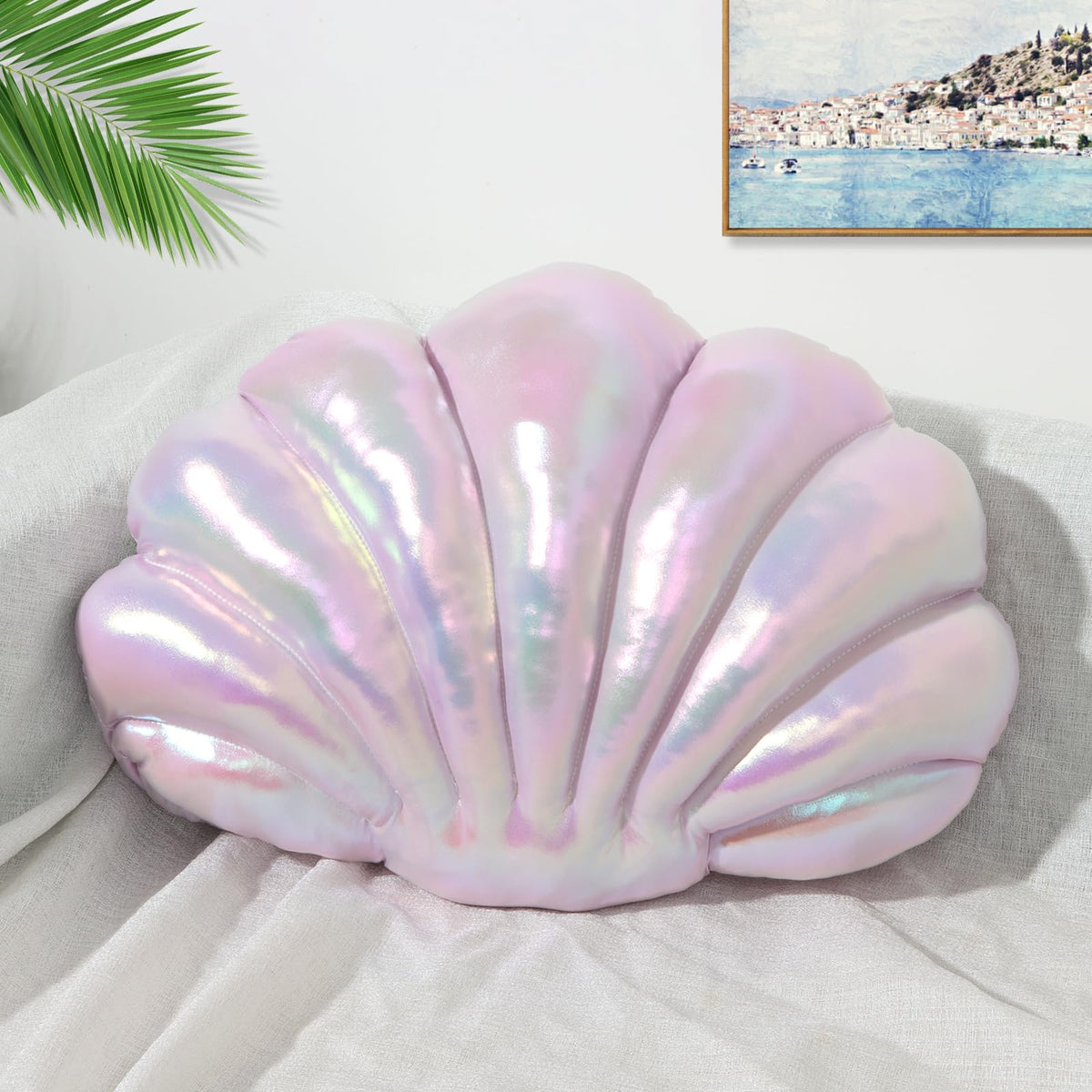 Marble Empire Seashell Pillow - Holographic Iridescent Foil Fabric Throw Pillow for Couch, Coastal Beach Theme Decor, Ocean Themed Bedroom Living Room Accent Pillow（Pearl White,14×11''）