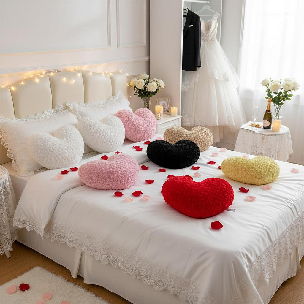 16" Creamy Pearl White Heart Pillow, Luxury 600GSM Rose Textured Faux Rabbit Fur, Super Matte Soft Aesthetic Decorative Throw Pillow for Couch Bed Sofa, Neutral Home Decor Heart Cushion
