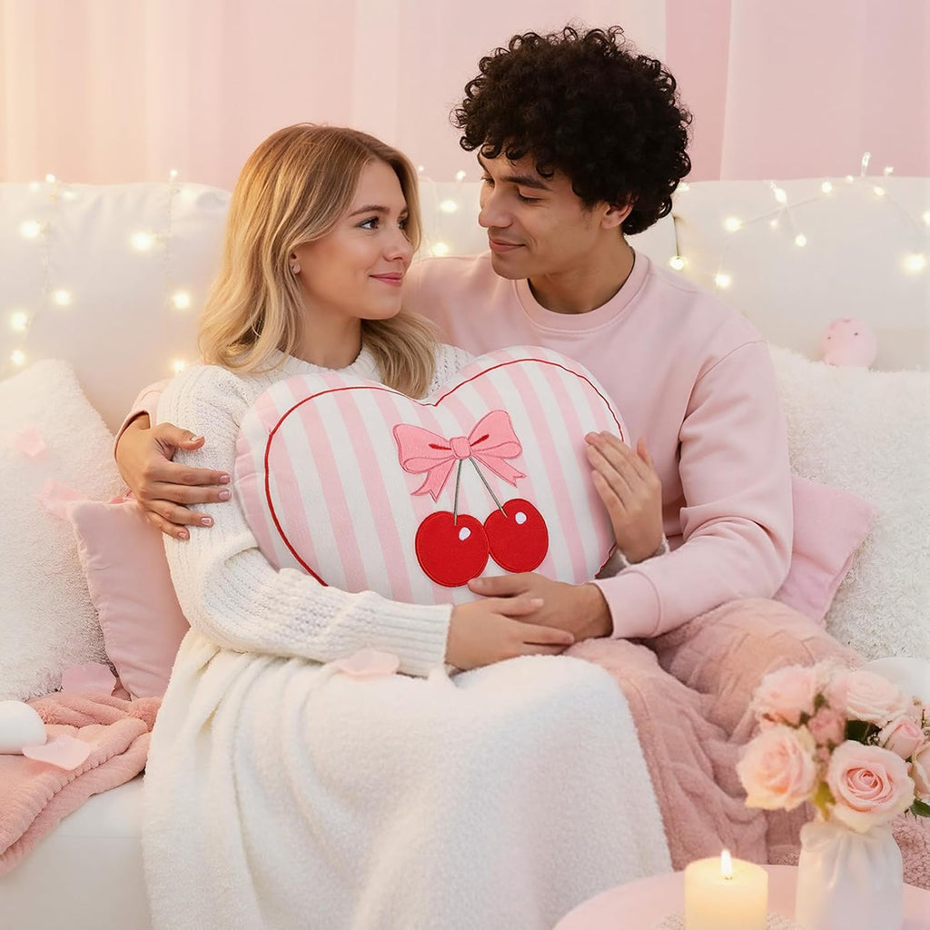 Threehoney Heart Pillow Cherry Bow Throw Pillow for Galentine's Day 15 x 12 Inches Aesthetic Cute Coquette Room Decor Soft Bowknot Cherry Cushions for Bedroom Living Room Sofa Bed Chair Decoration