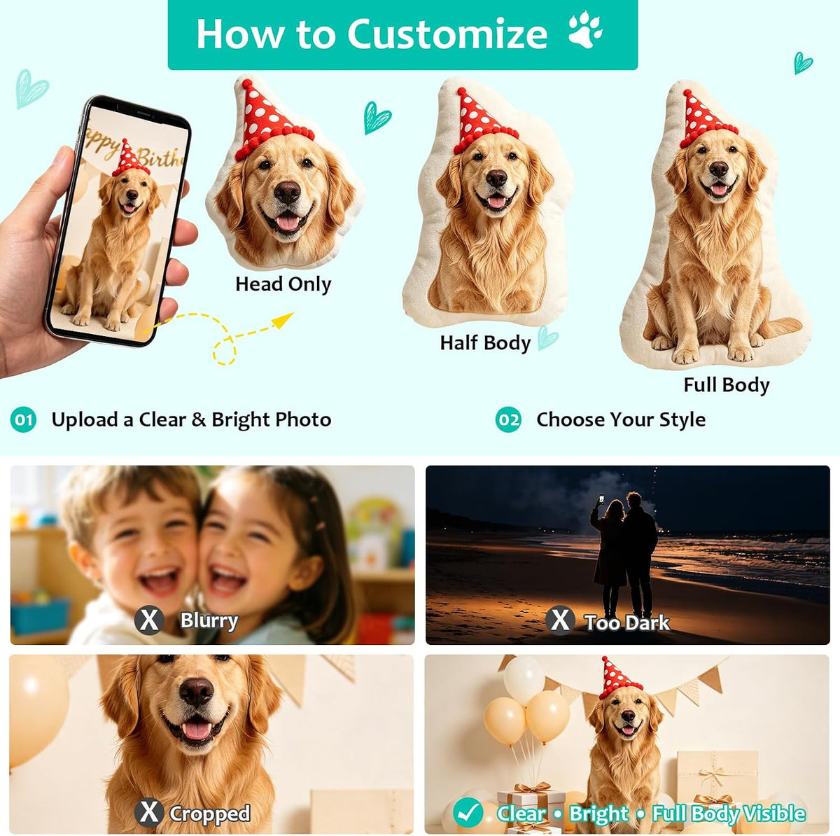 Custom Pet Pillow with Picture, Personalized Dog Cat Face Pillow