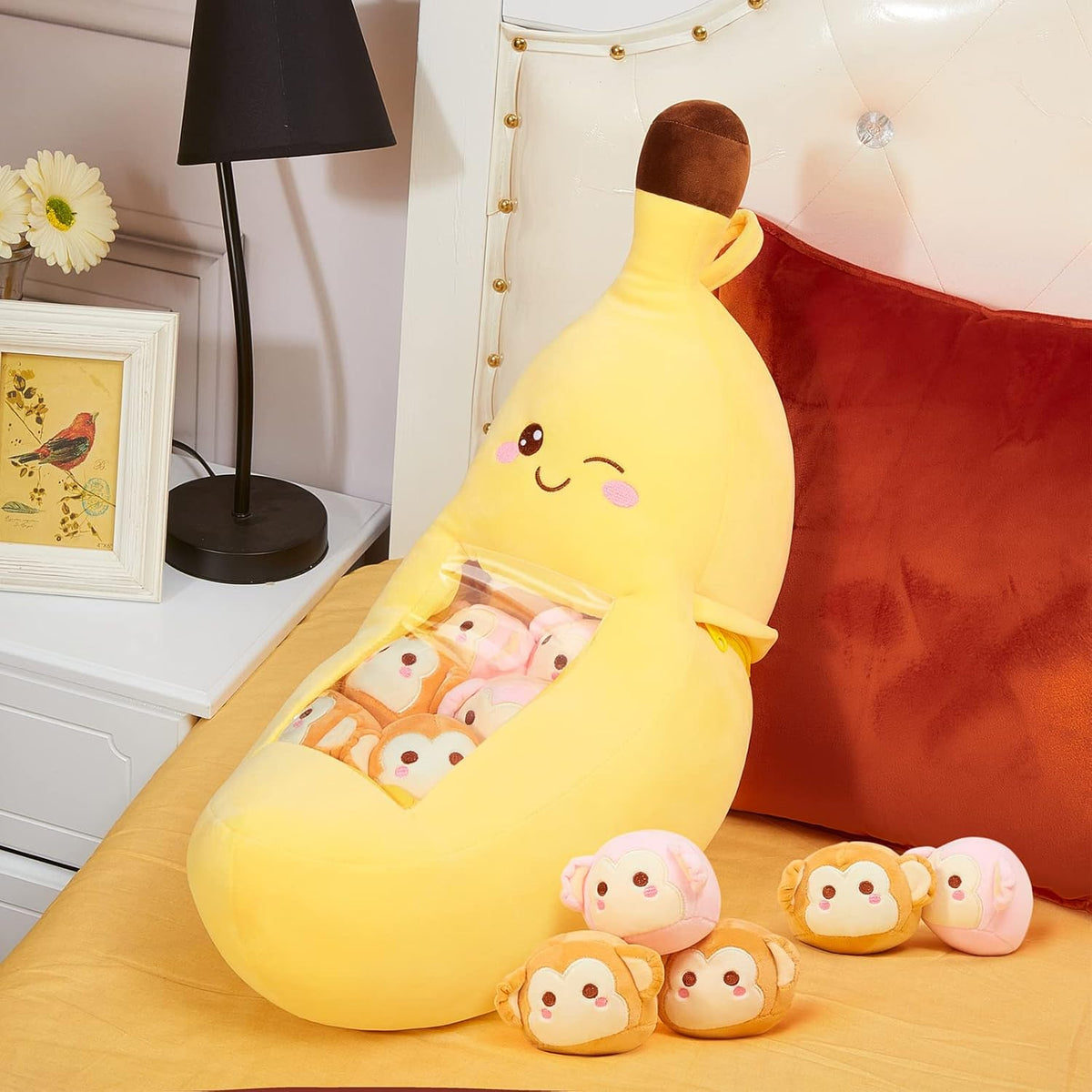 Lewtemi Banana Pillow Cute Kawaii Plush Toy with Monkeys, Banana
