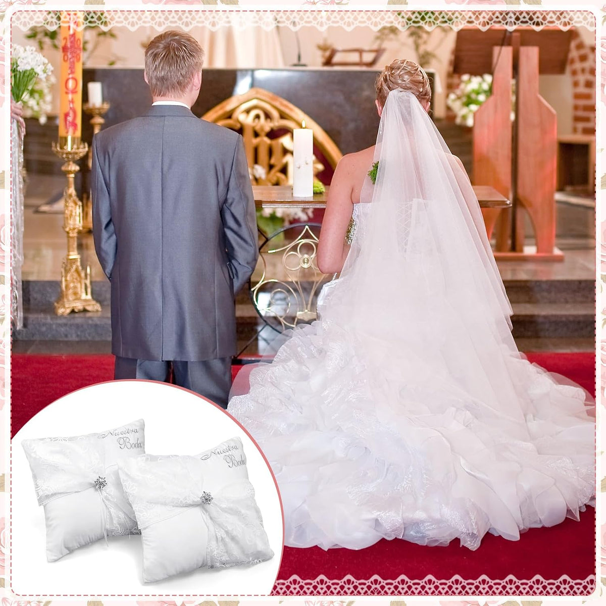 SmoothNovelty 2 Set Wedding Kneeling Pillows 17x15 Inch Nuestra Boda Satin