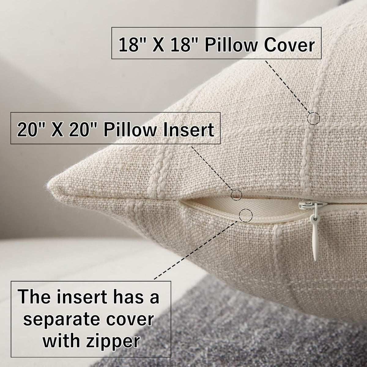 18" x 18" Decorative Throw Pillow with Inserts, Set of 2 Modern Neutral Farmhouse Vintage Throw Pillows, Square Boho Pillow for Couch, Bed, Sofa Decor (Beige, 18" x 18"(Pack of 2))