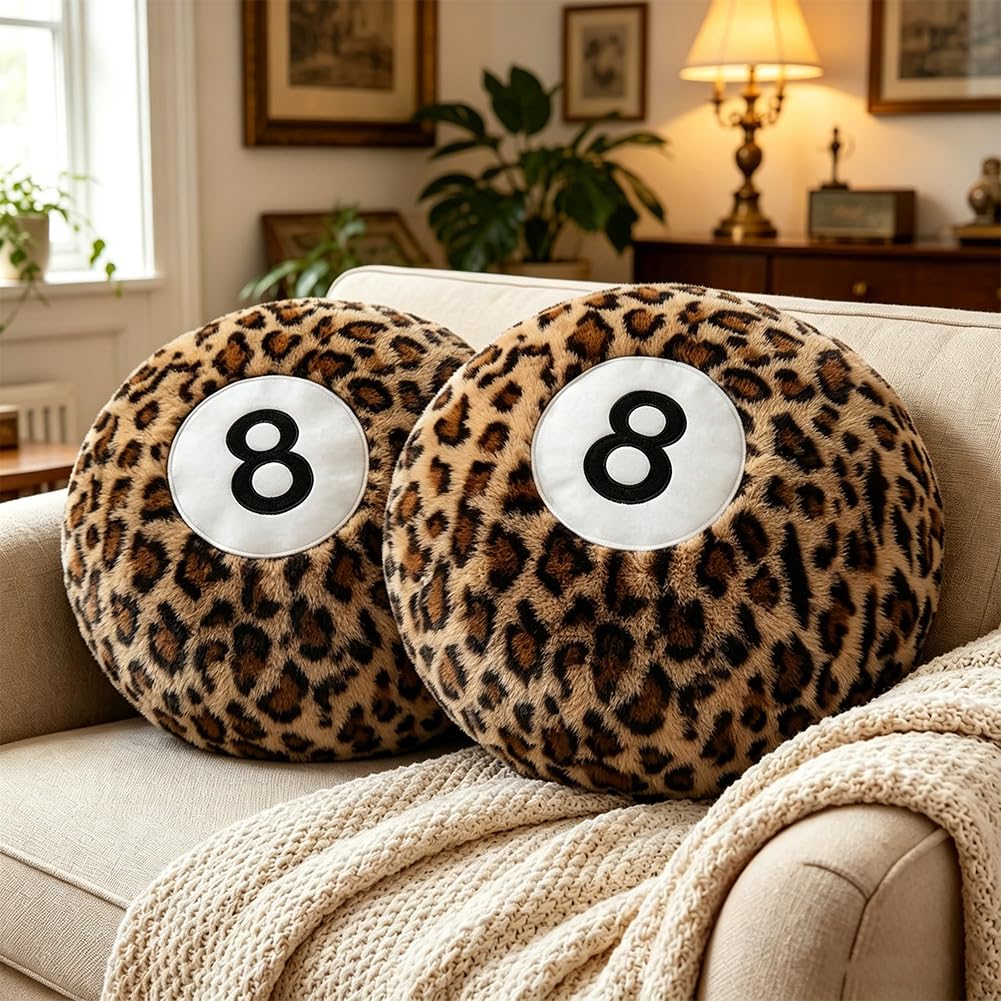 Cheetah 8 Ball Pillow - 14 Inch Leopard Print Throw Pillow, Soft Faux Fur Round Decorative Cushion for Home Bed, Sofa, Couch, Bedroom & Living Room (Cheetah)