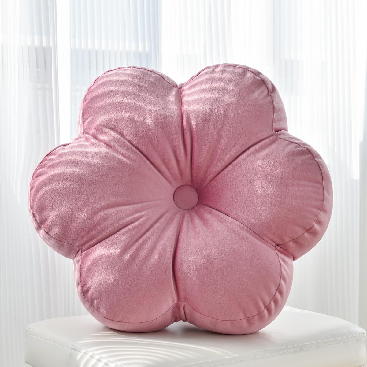 Flower Shaped Round Throw Pillow, Decorative Seat Cushion, 15", Ivory White