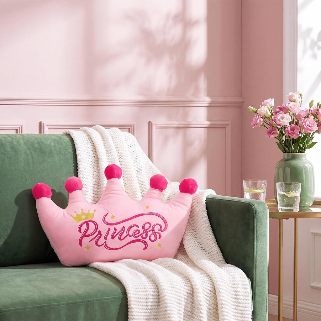 Sliner Crown Shaped Throw Pillow 16'' x 15'' Pink Plush Crown Princess Throw Pillow Fluffy Decorative Soft Pillows Sofa Bed Back Cushion for Home Bedroom Decor