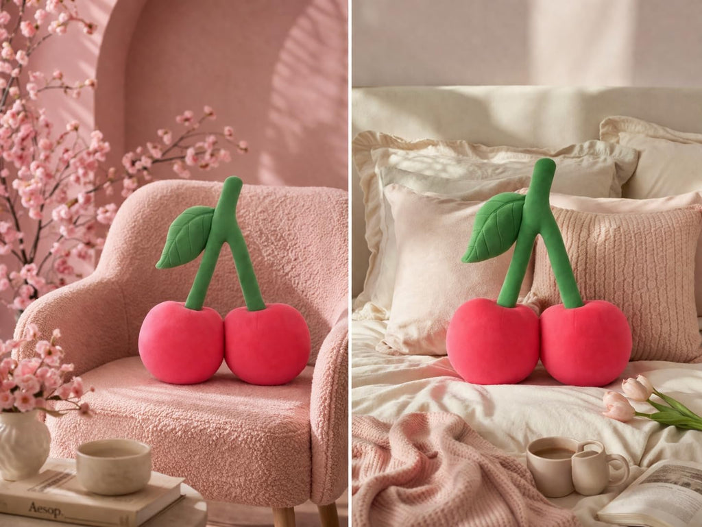 Cherry Pillow Fruit Velvet Throw Pillow 17x14 Inch Shape Hold Sculpted Stem