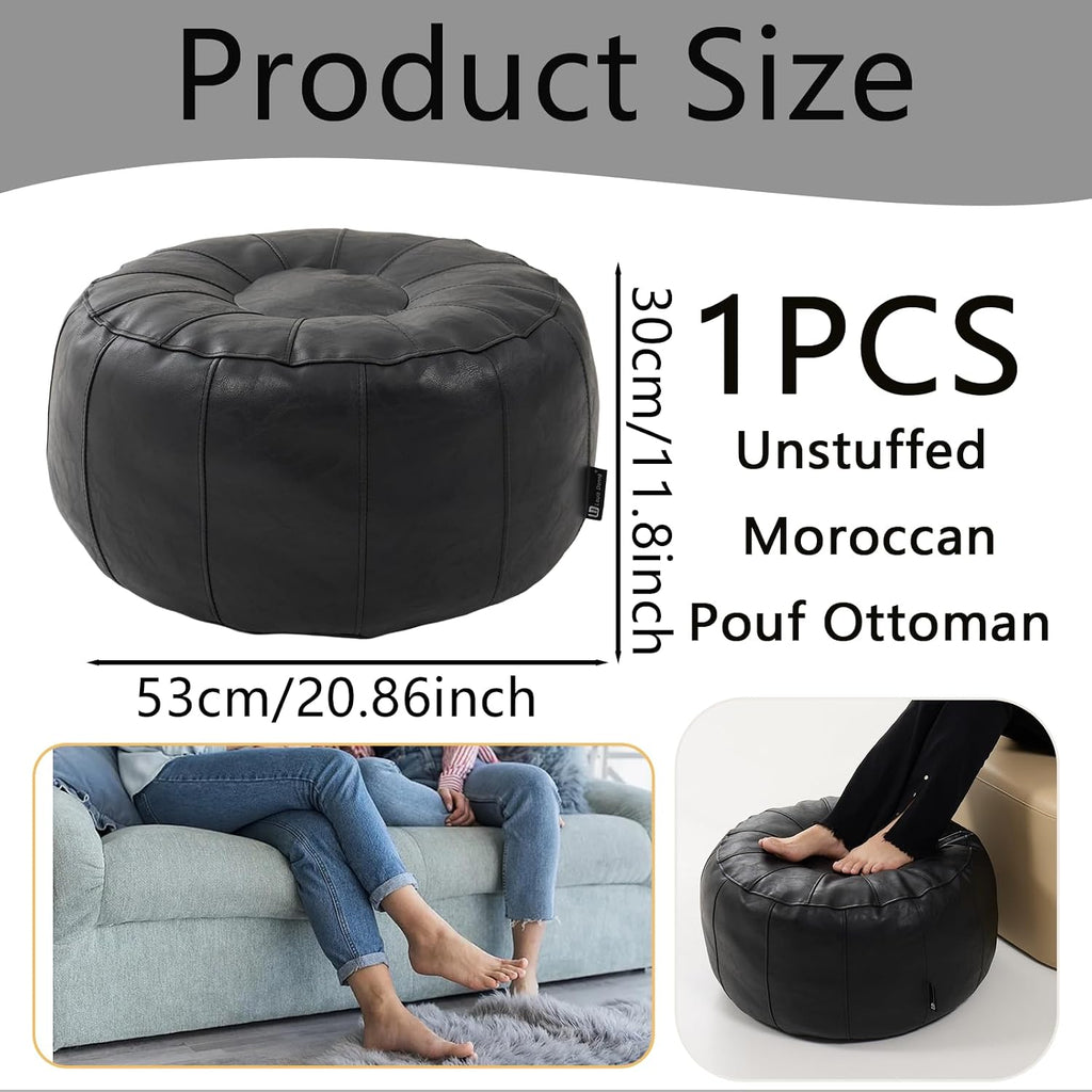 Louis Donné Unstuffed Pouf Ottoman Cover, Handmade Faux Leather Moroccan Pouf Ottoman Footstool, Floor Footrest Cushion, 21x12inch Black Storage Solution Poufs for Lving Room Gifts, ONLY Cover
