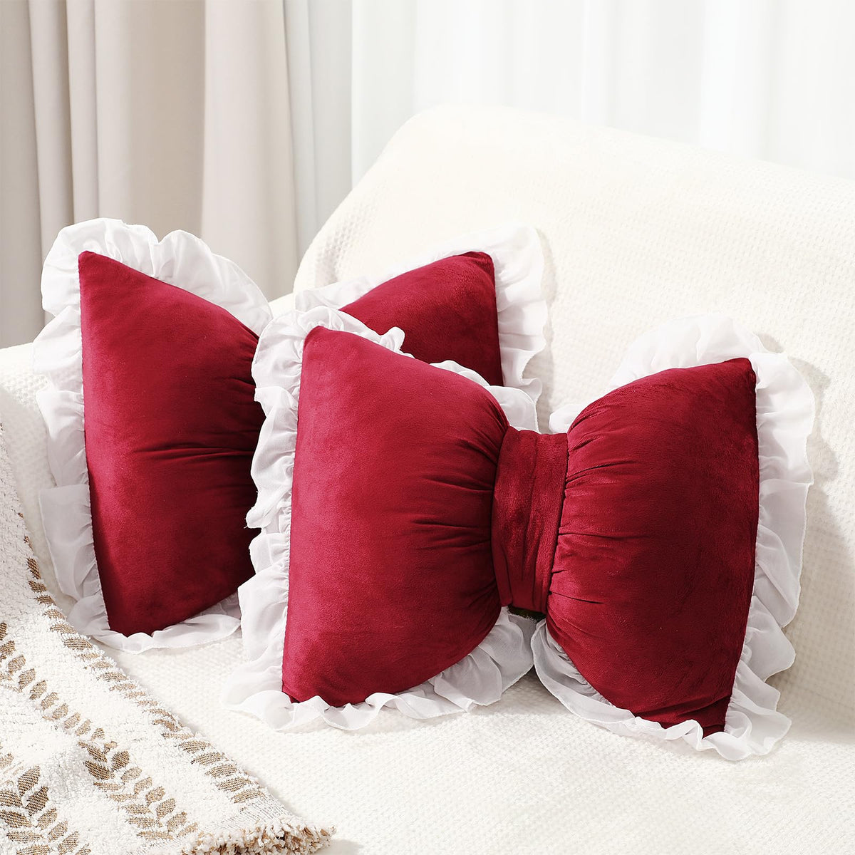 Yousoontic 2 Pcs Bow Throw Pillows 15.7x12.6 in, Velvet, Pink