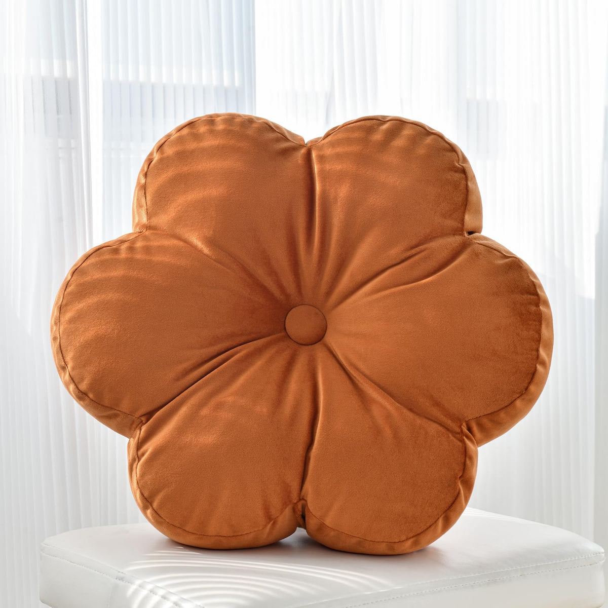 Flower Shaped Round Throw Pillow, Decorative Seat Cushion, 15", Ivory White